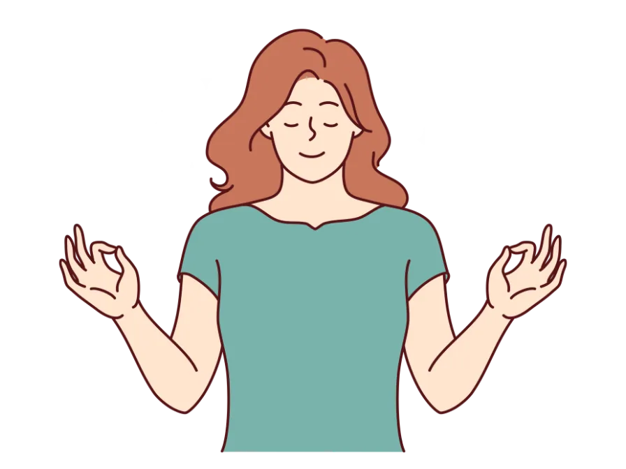 A woman with light brown hair, eyes closed, smiling, in a meditation or relaxation pose, with twinkling stars behind her, wearing a light blue t-shirt.