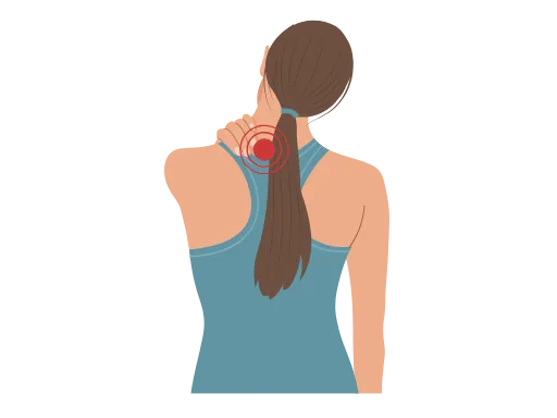 A woman with back pain massaging her trapezius muscles